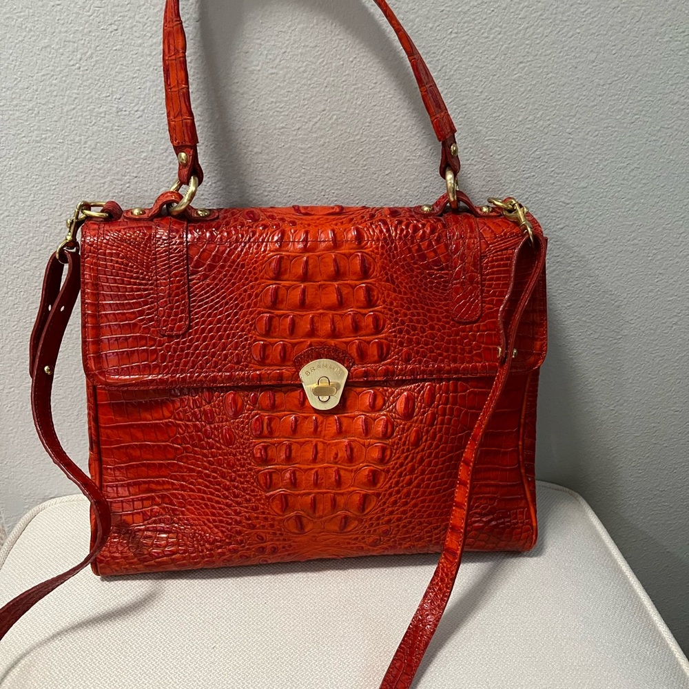 Brahmin Red Shoulder Bag with Crocodile Texture and Gold Hardware